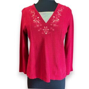 Great Northwest Cranberry Red Sweater with Embroidered Flowers Large Cozy